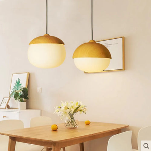 Modern round LED chandelier in wood and wrought iron - vue 5 sur 10