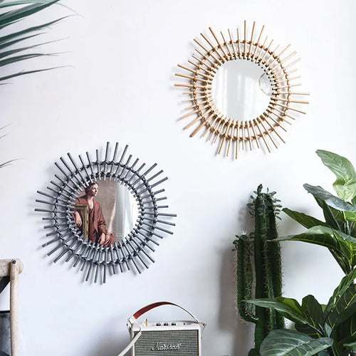 hand-woven Japanese rattan mirror for modern decor - vue 5 sur 12