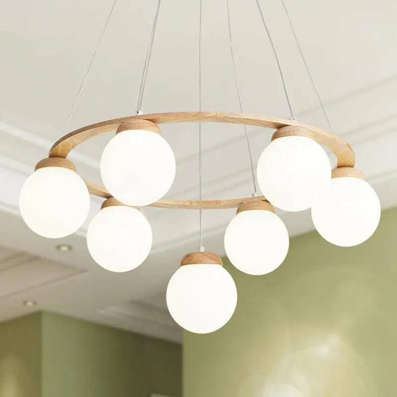 Modern Nordic wooden and white glass pendant light