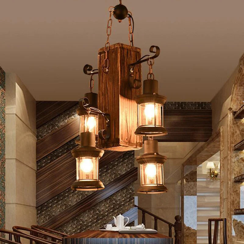 Decorative industrial wood pendant light with glass - vue 3 sur 7