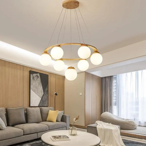 Modern Nordic wooden and white glass pendant light - vue 7 sur 15
