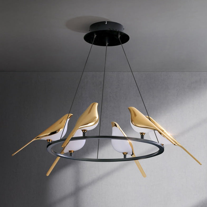 Luxury LED designer chandelier with golden magpie birds - vue 7 sur 9