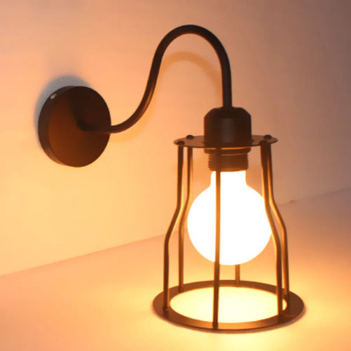 Loft cage wall light with vintage shade for home and living room