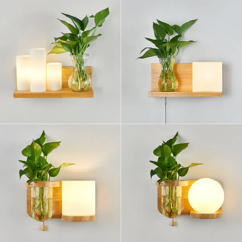 Nordic wooden wall light with green plant and glass LED lampshade