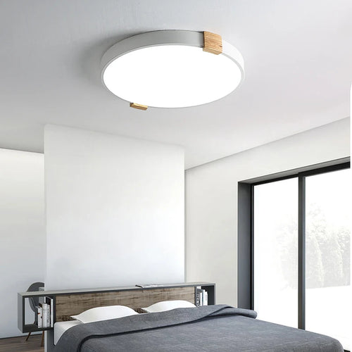 Nordic round LED ceiling light made of creative decorative iron and wood - vue 3 sur 10