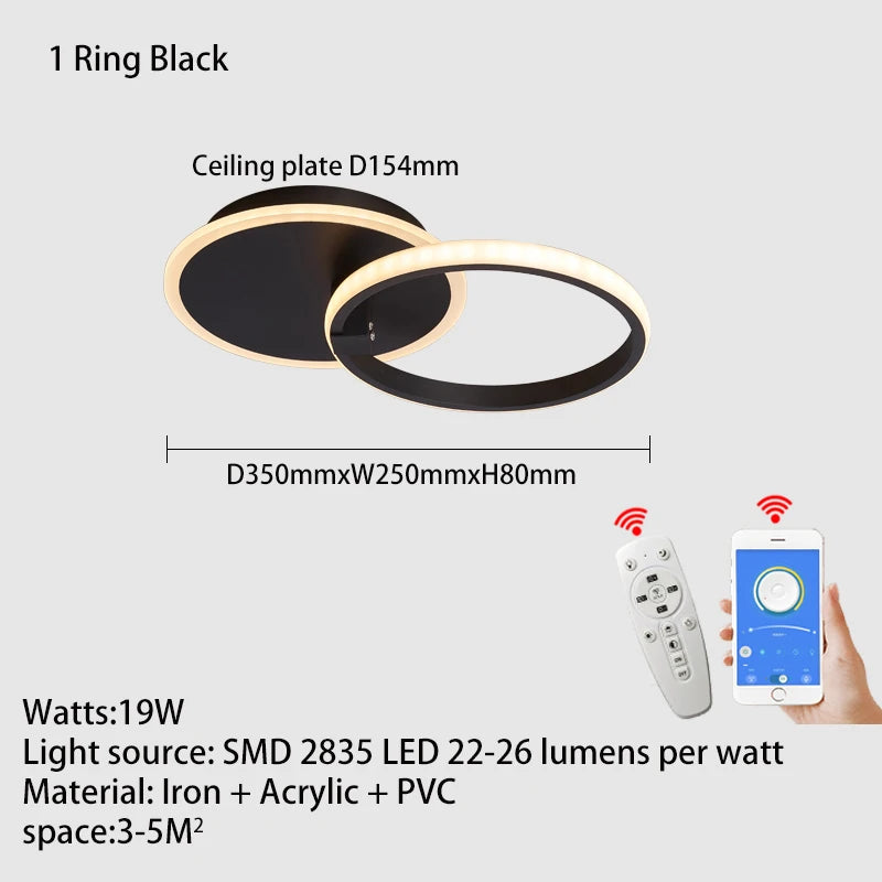 Modern led chandelier with rings, remote/app control, 1–5 rings, black or white - vue 8 sur 16