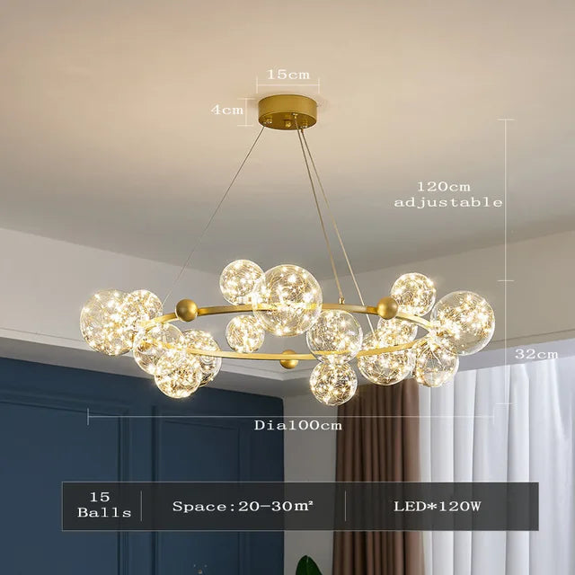 Luxury modern chandelier with LED rings and glass ball