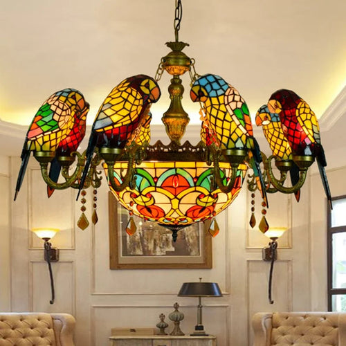 Tiffany stained glass chandelier with parrot bird design for elegant interiors - vue 5 sur 14
