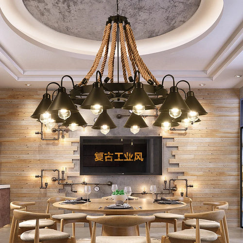 Industrial style ironwork and hemp rope chandelier - vue 5 sur 14