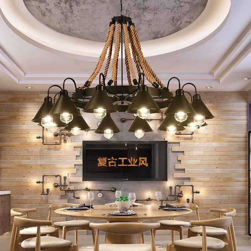 Industrial style ironwork and hemp rope chandelier - vue 4 sur 14
