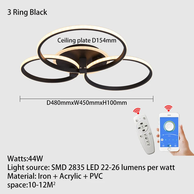 Modern led chandelier with rings, remote/app control, 1–5 rings, black or white - vue 12 sur 16