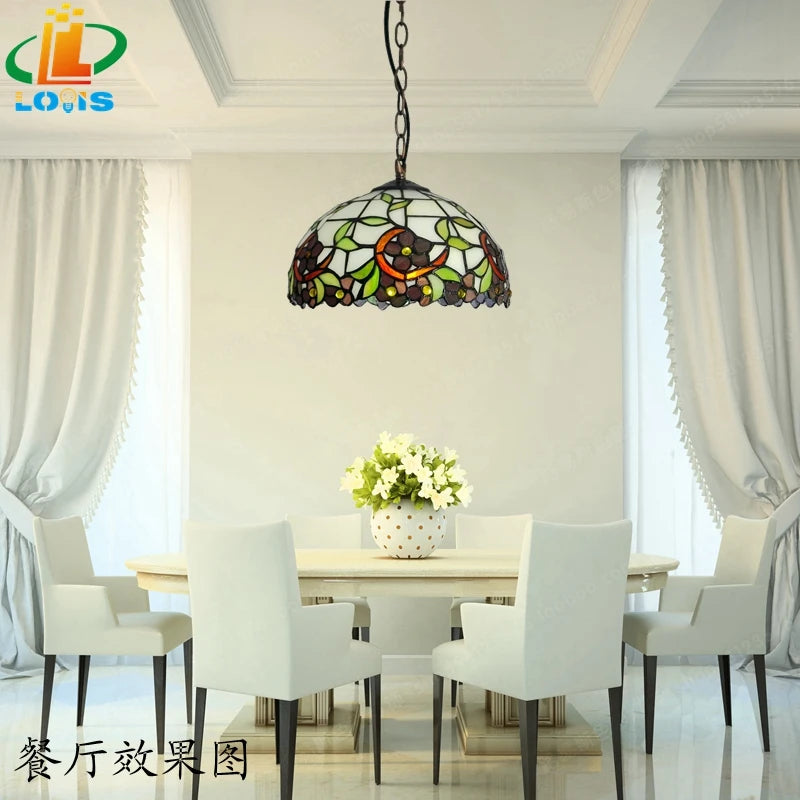 Tiffany style orchid chandelier in stained glass for elegant interiors - vue 4 sur 9