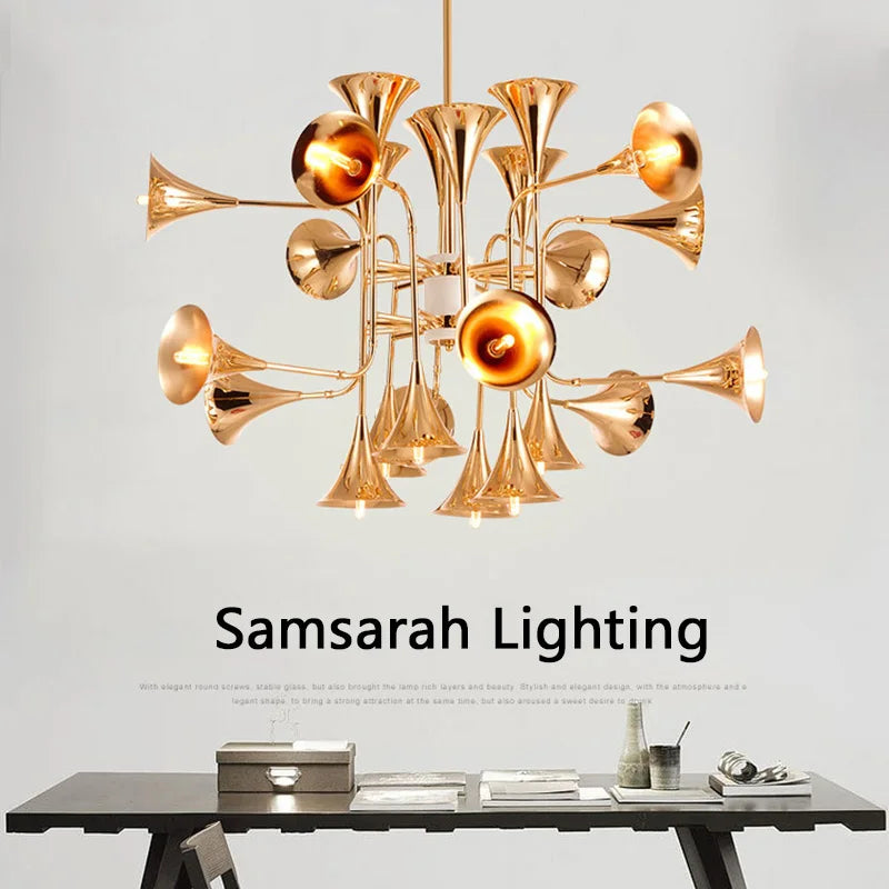 Modern gold horn pendant light for musical lighting