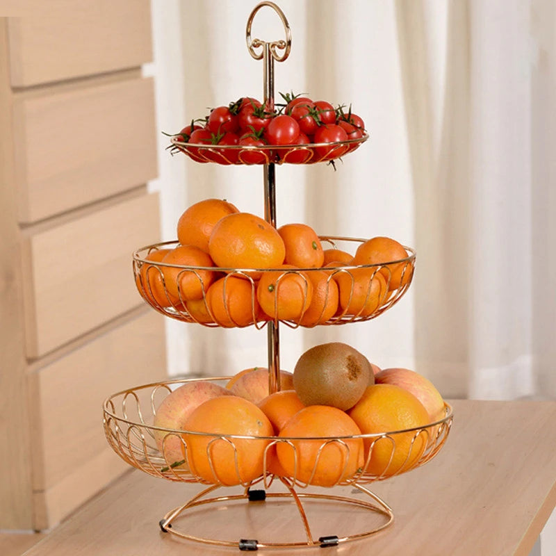 Decorative and practical three-tier iron fruit basket