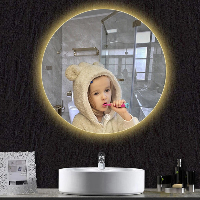 Round mirror with adjustable backlight and anti-fog, decorative