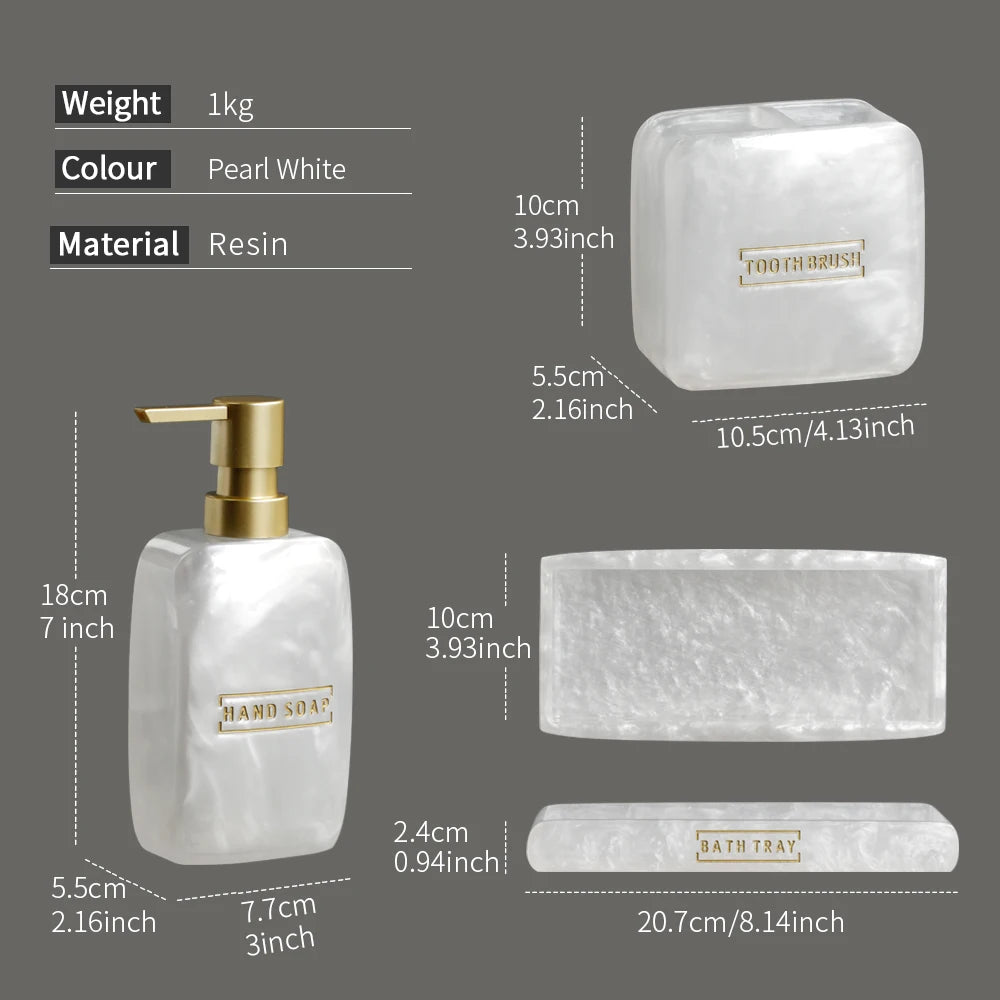 Bathroom Accessories White Pearl Look Bathroom Vanity Countertop Accessory Set,Soap Dispenser,Toothbrush Holder Set,Tray - vue 6 sur 7