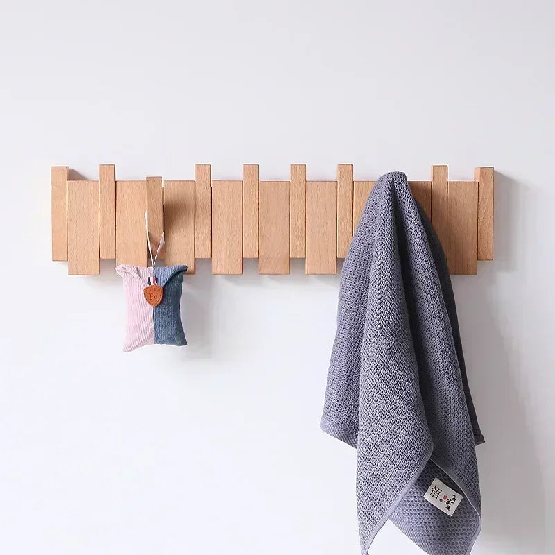 hanging walnut coat rack with creative solid wood hooks - vue 4 sur 15