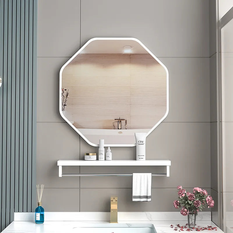 Irregular mirror with makeup storage holder