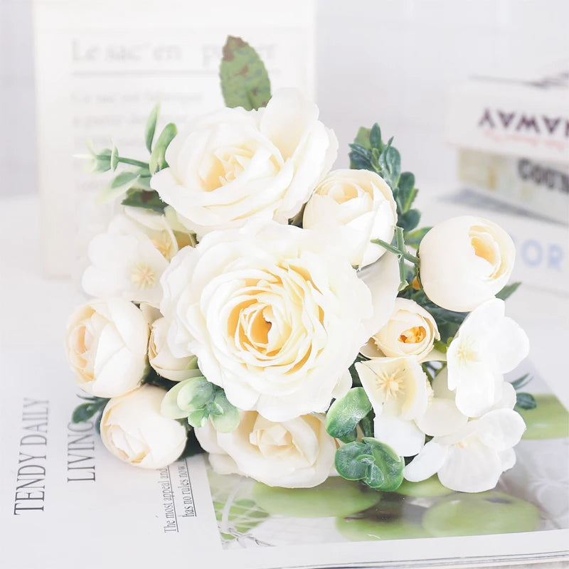 Artificial silk peony and hydrangea bouquet for wedding and home decoration - vue 8 sur 40