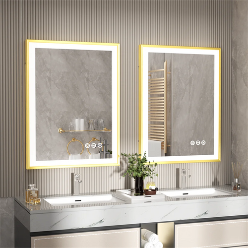 Illuminated mirror with gold frame and three-colour dimmable anti-fog LED lights - vue 5 sur 11