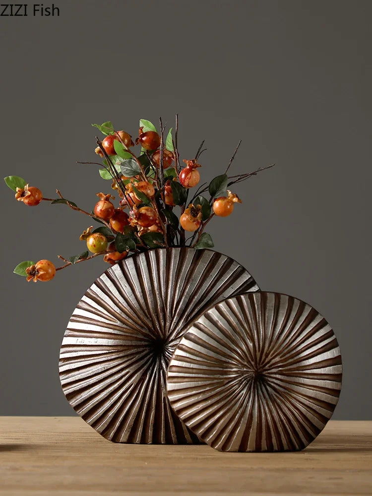 modern floral resin vase with wooden stripes