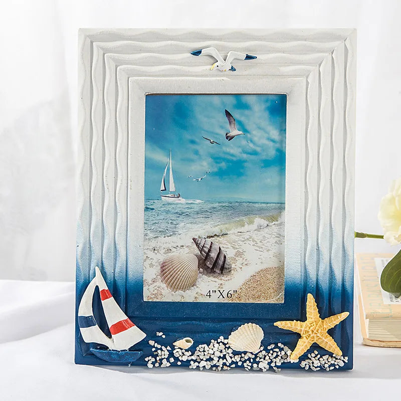 Wood and seashell photo frame for desk decor