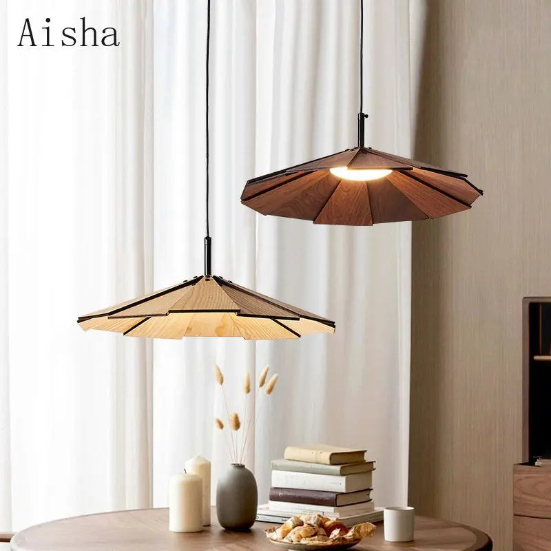 Handmade Japanese wabi-sabi walnut pendant light for interior decor