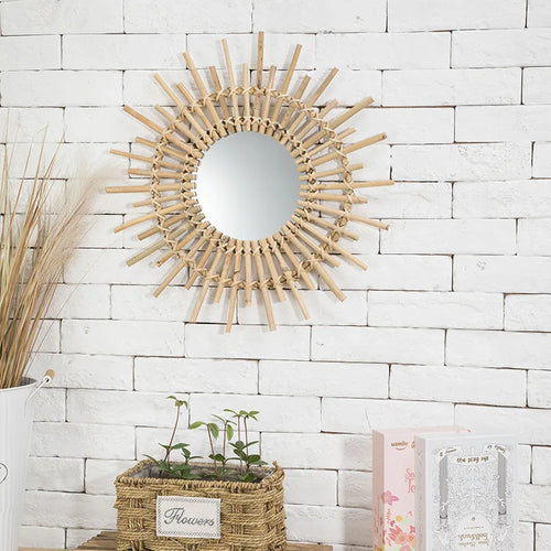 decorative sunflower rattan hanging mirror for a bohemian atmosphere - vue 6 sur 10