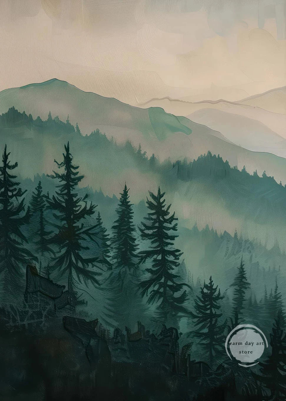 affiche aquarelle paysage montagne forêt décoration murale