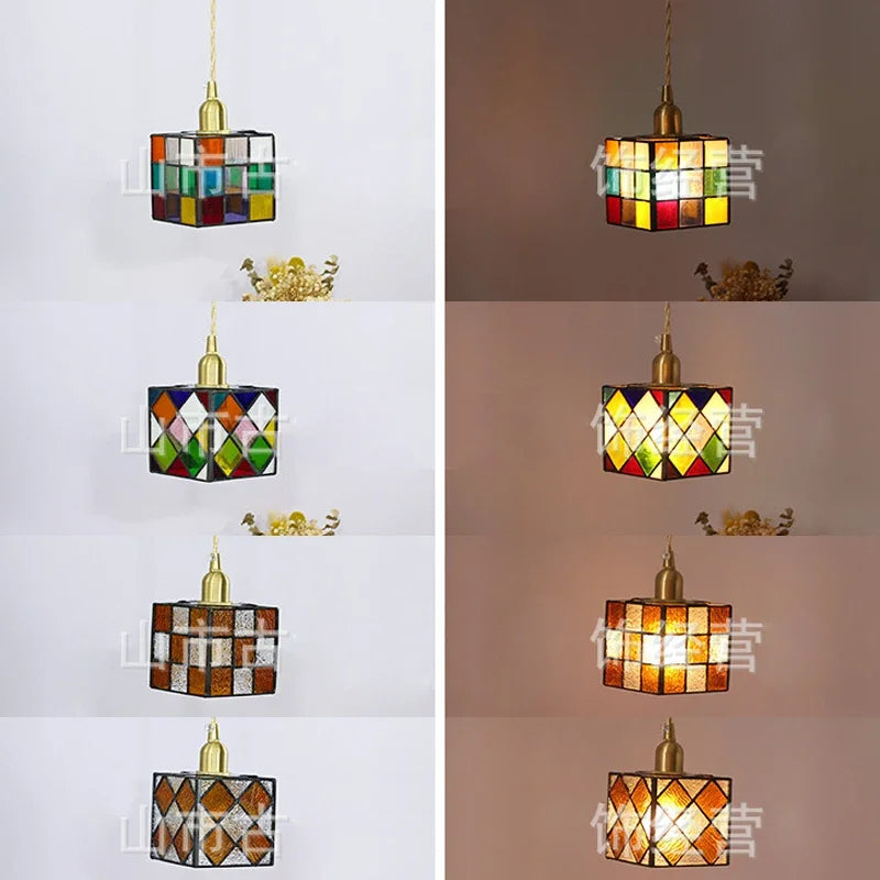 Tiffany style cube stained glass ceiling light indoor decor - vue 6 sur 9