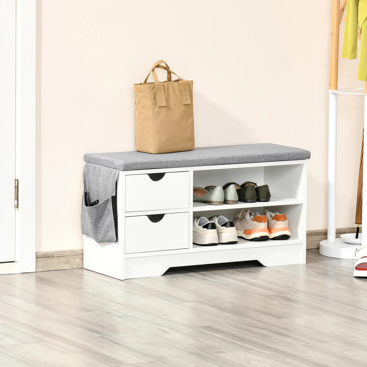 HOMCOM bench shoe rack with seat and 2 drawers 80.5x30.5x43.5 cm white and gray