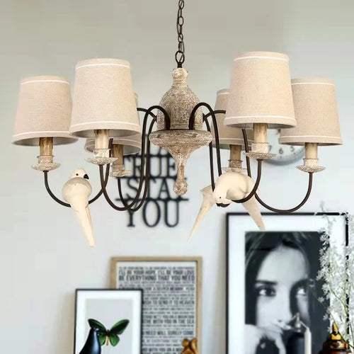 Vintage American wooden chandelier with fabric birds - vue 5 sur 6