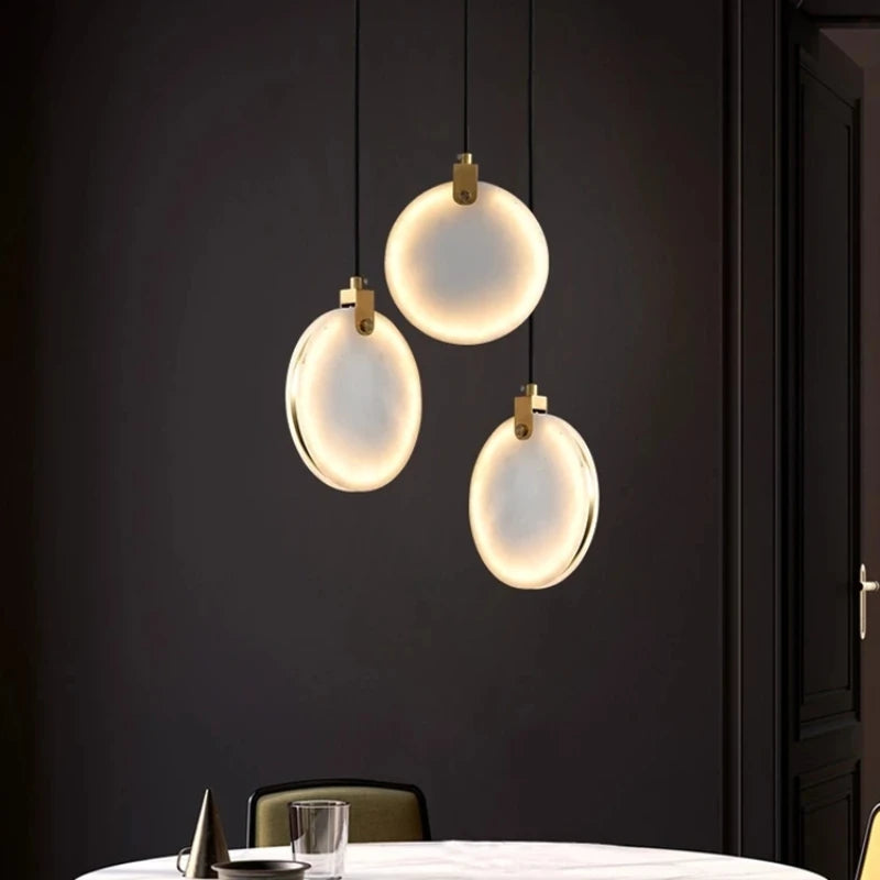 Natural marble LED chandelier with adjustable brass wire