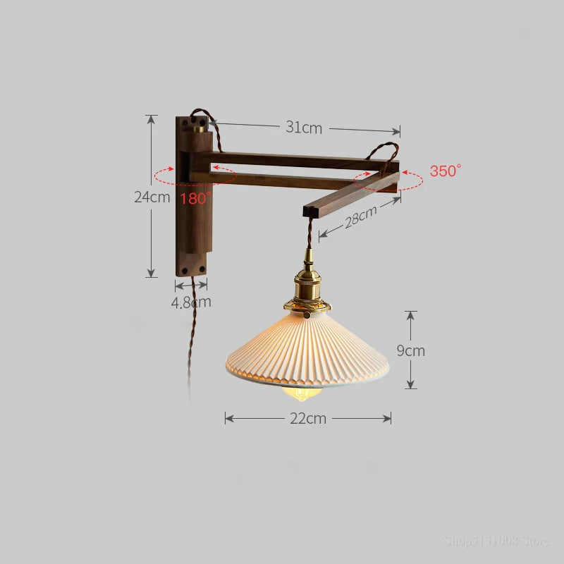 Japanese wooden wall light with retro ceramic lampshade - vue 13 sur 17