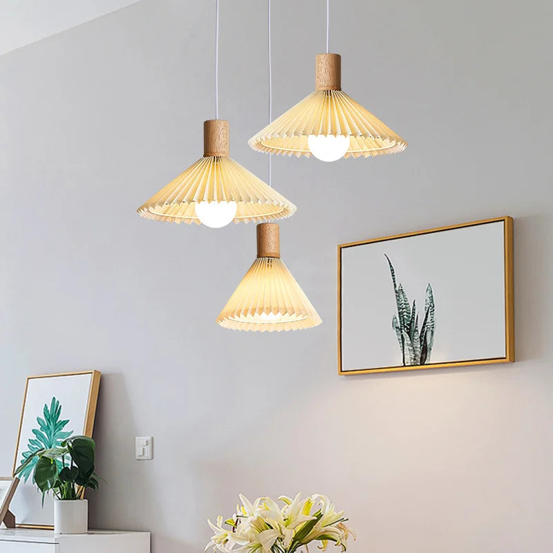 Modern Nordic pleated fabric chandelier with wooden base