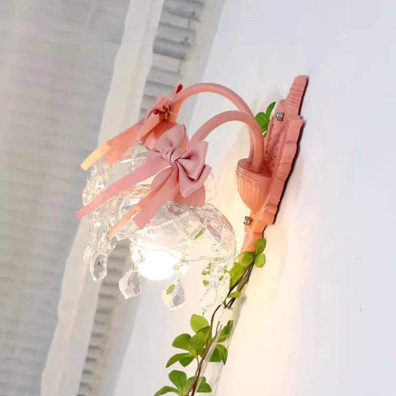 Princess crystal glass wall light with pink bow - vue 3 sur 8
