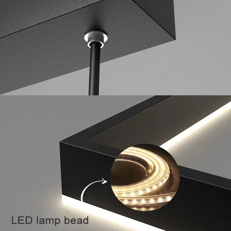 Modern square LED chandelier for living room, dining room, bedroom, kitchen, black rectangular ceiling pendant light - vue 6 sur 18