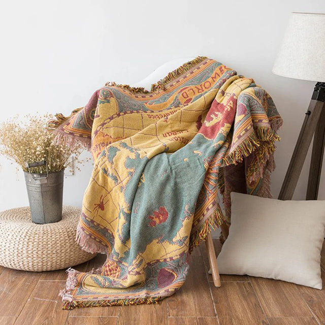 Bohemian knitted throw with world map design