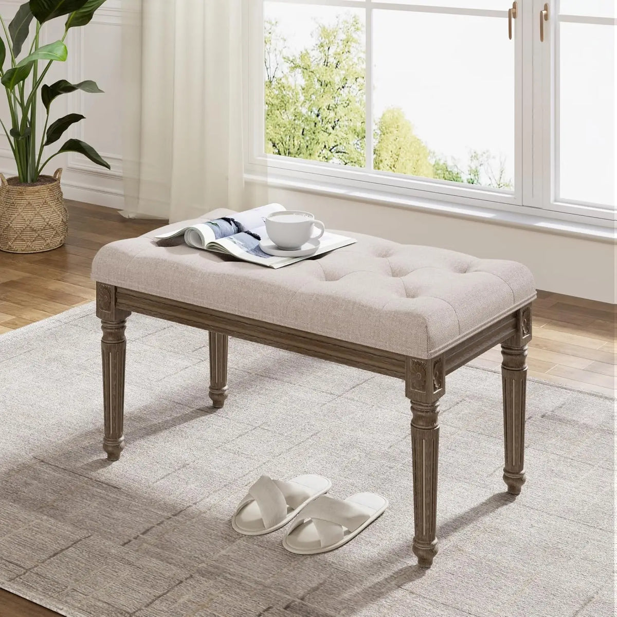Beige Bench for Dining Room Table, Upholstered Vanity Stool Piano Bench Makeup Stool with Rustic Wood Vanity Stool Foot Rest - vue 2 sur 6