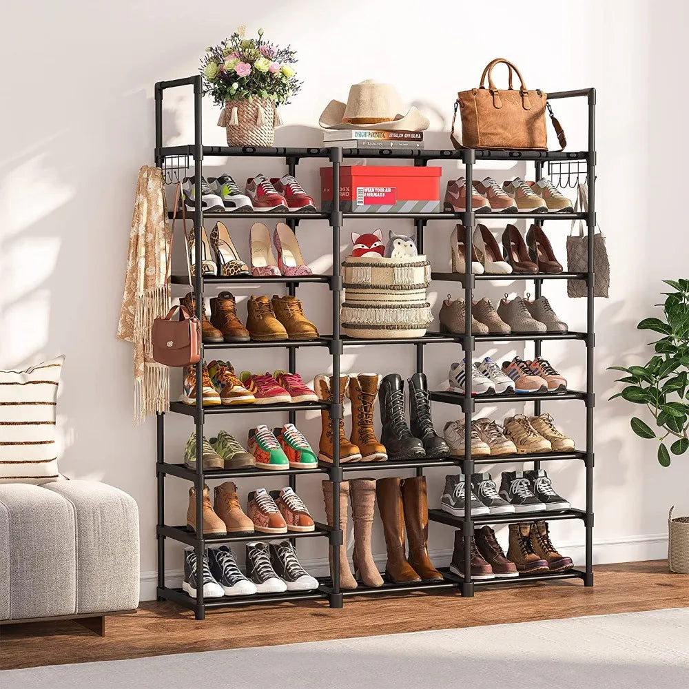 metal shoe rack with integrated coat rack and hooks