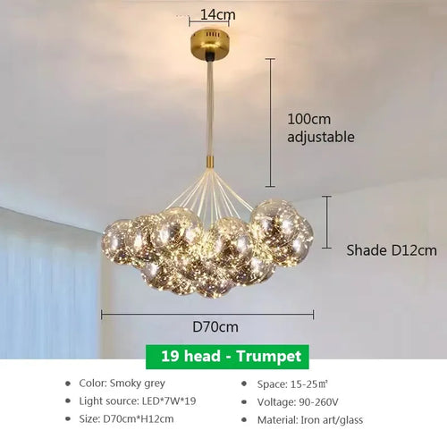 Modern glass chandelier with white LED spheres for living and dining room - vue 12 sur 18