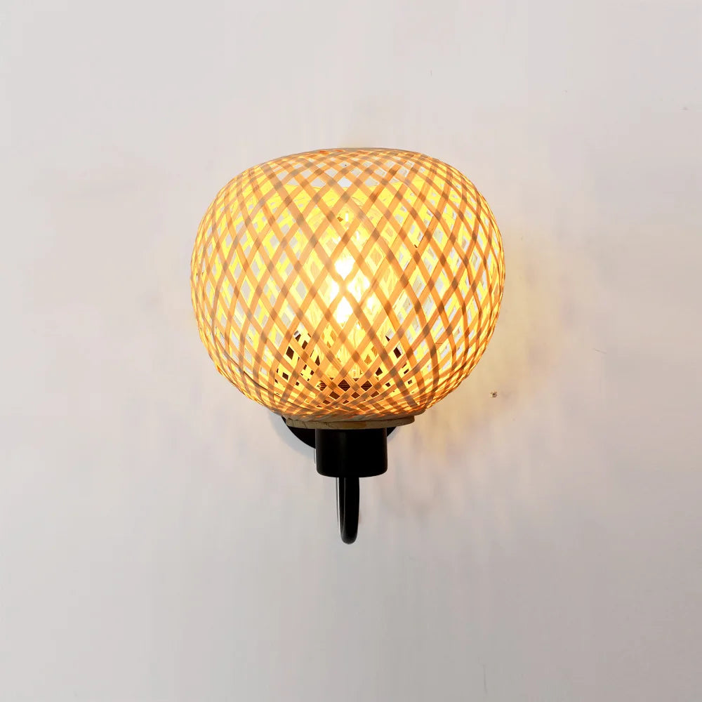 Modern handwoven bamboo wall light with LED switch