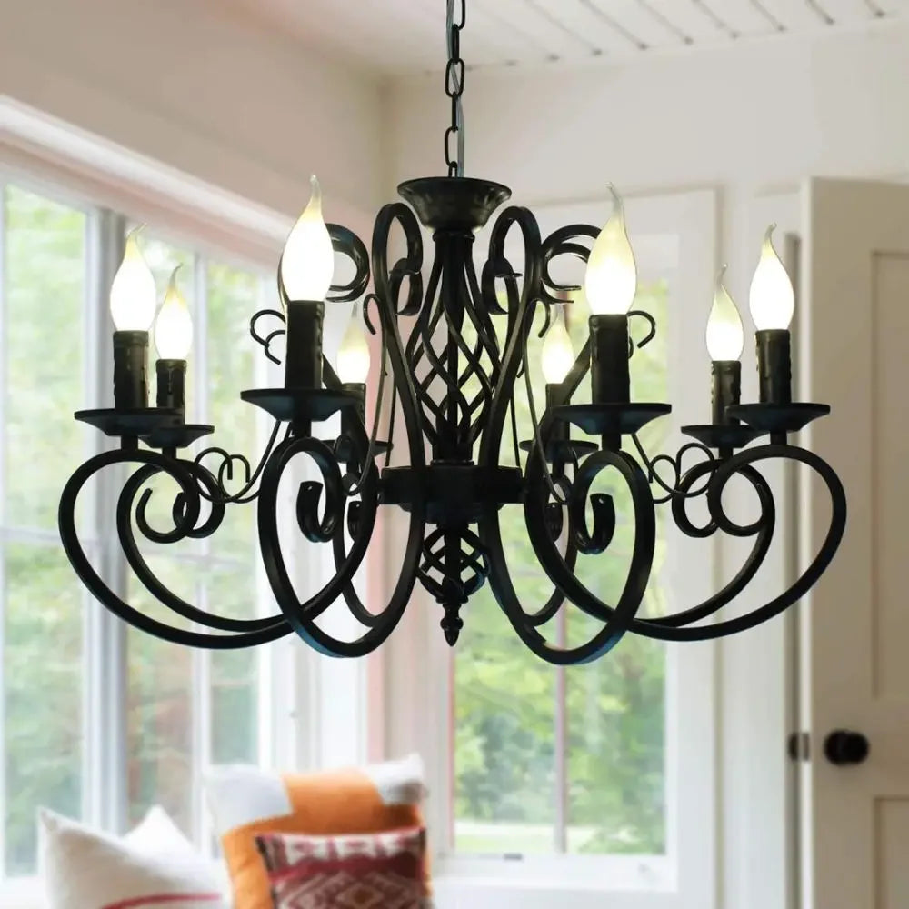 Vintage wrought iron chandelier black metal pendant light - vue 2 sur 8
