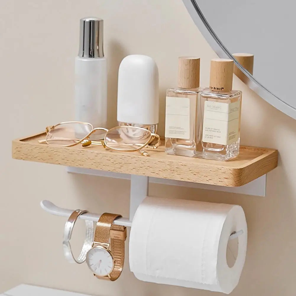 wooden tissue holder with shelf for bathroom
