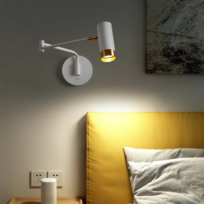 Telescopic rocker LED wall lamp with swing long arm, wall switch and adjustable bedside reading light - vue 2 sur 21
