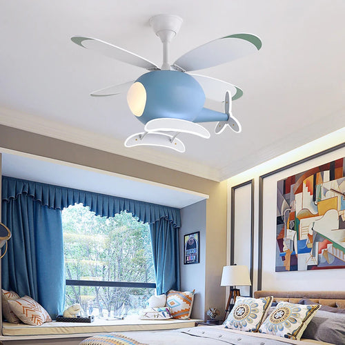 Helicopter LED ceiling fan pendant light for children with remote control - vue 2 sur 8