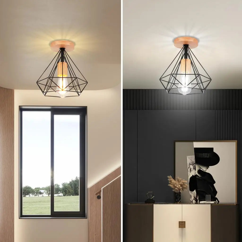 Retro industrial LED ceiling light with metal cage vintage fixture - vue 2 sur 12