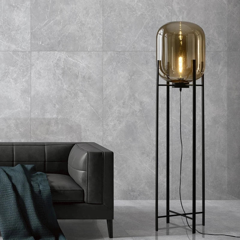Simple post-modern floor lamp with cognac glass