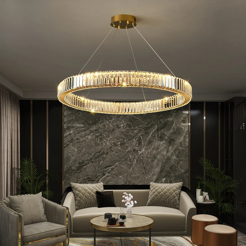 Modern round crystal LED chandelier with dimmable light - vue 3 sur 16