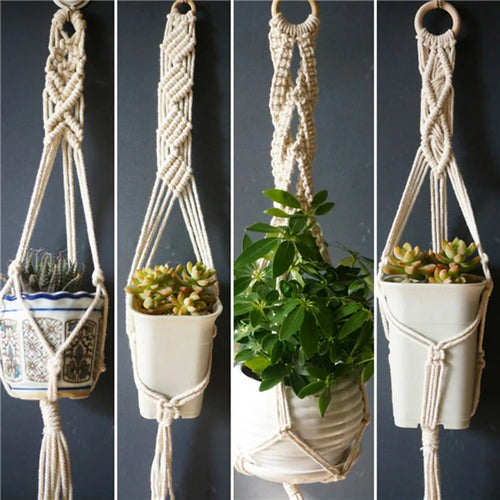 set of 5 handmade bohemian style macrame plant hangers - vue 4 sur 5